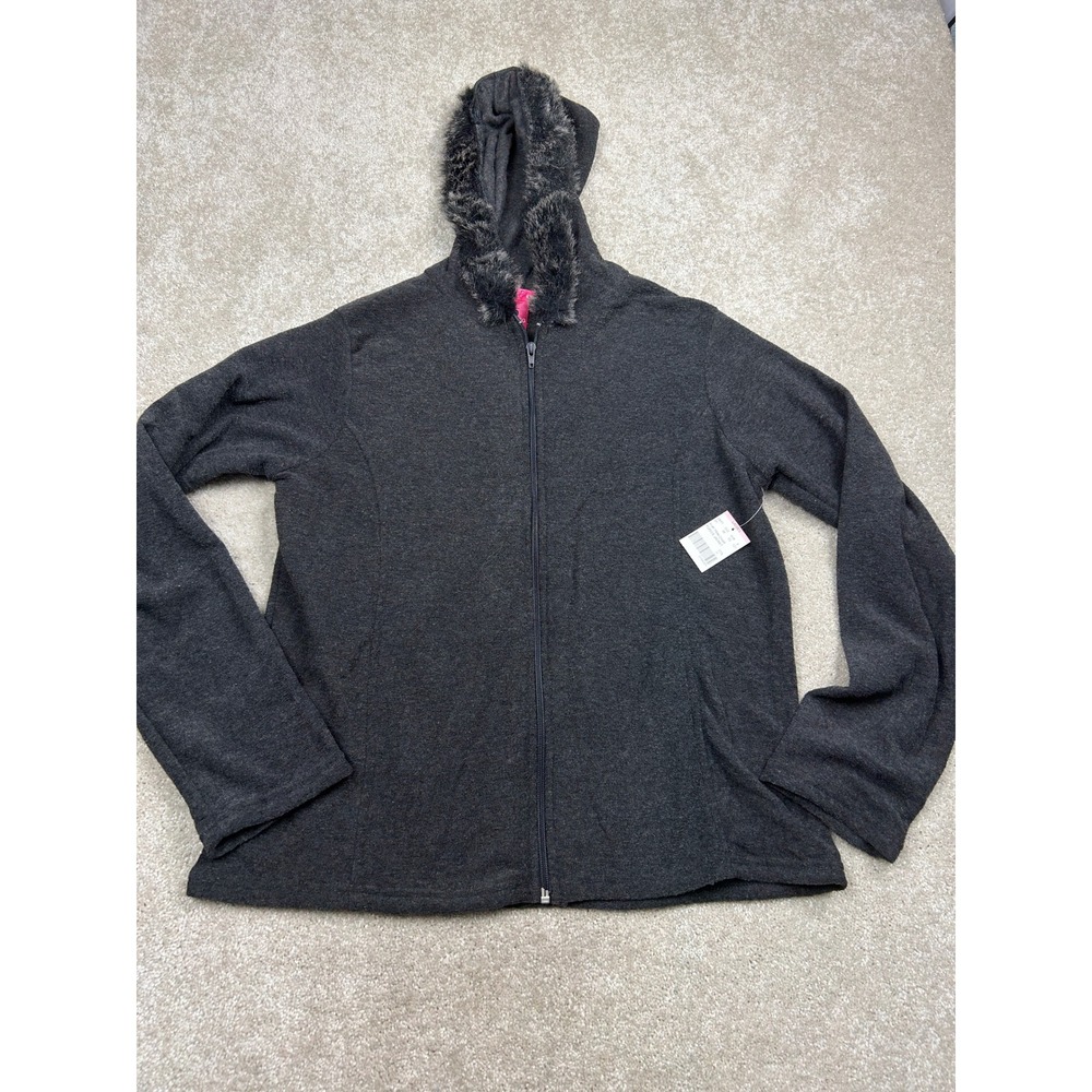 Mix & Co Women's Fleece Jacket XL Gray Faux Fur Trim Hood Full Zip Winter